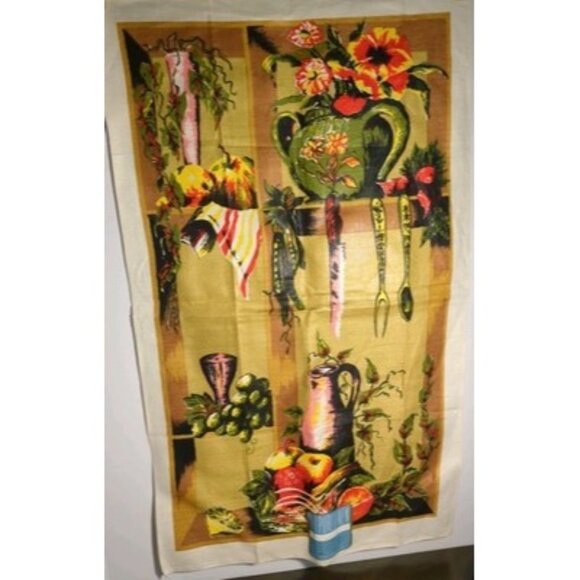 Vtg. Pure Linen Dish Towel 27x16 Kitchen Stlllife Multicolor Czechoslovakia NOS - Picture 1 of 14